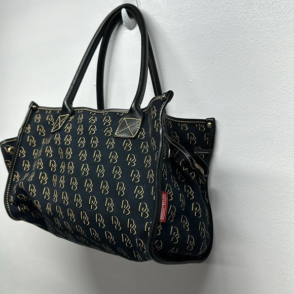 Dooney & Bourke Signature Canvas Tote Bag Purse Side Pockets DB Logo Navy Blue - Picture 4 of 14